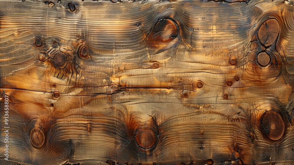 Poster unique wooden surface with charred patterns highlighted by warm tones and textures found in a rustic