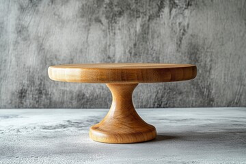 Beautiful round wooden cake stand on a textured concrete background. Kitchen utensil item with generative ai