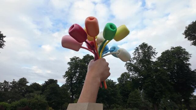 Colorful Bouquet of tulips sculpture in the heart of Paris near the Petit Palais as the honor of victims of the 2015 terror attack in France.
