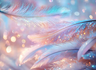 Spiritual Sparkling Bokeh Feather background Template - beautiful wispy peach and turquoise  feathers with glittering shimmering bokeh ideal for a Angel theme 

