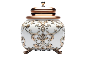 Elegant Ornate Decorative Jar With Lavish Gold and White Design on Display in a Sunlit Room on Transparent PNG Background.