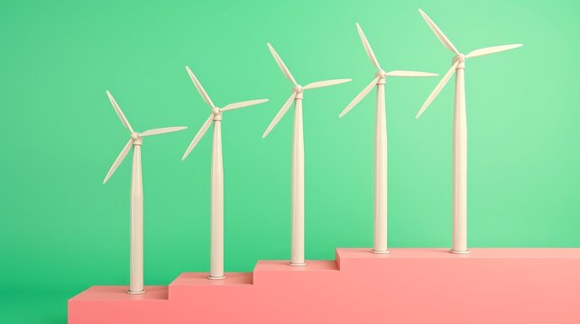 Infographic of wind turbines and green action steps with copy space, covering all objects, deep depth of field.
