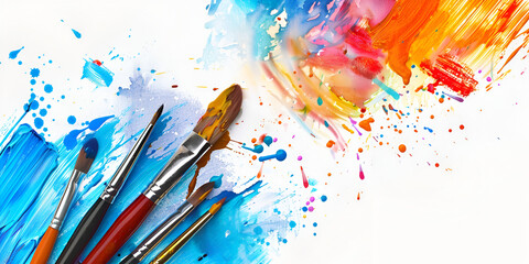 Obraz premium Abstract watercolor background.Colorful paintbrushes with bright splashes of paint. Perfect for adding a touch of creativity to any project.