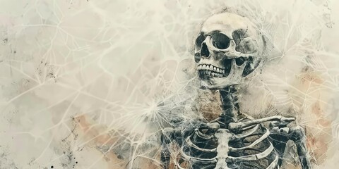 Skeleton skull with webbed background.