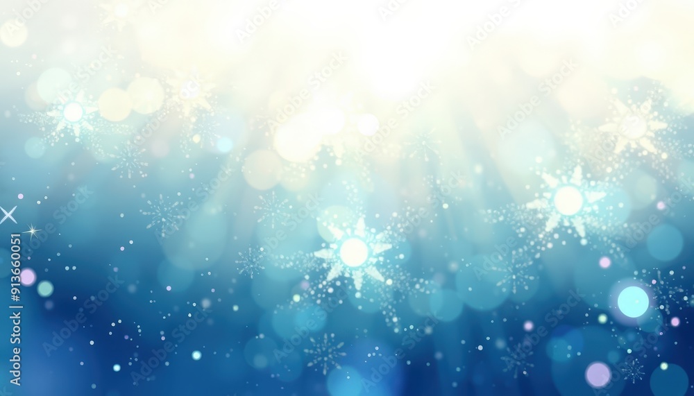 Poster abstract blue and white background with sparkles and bokeh.