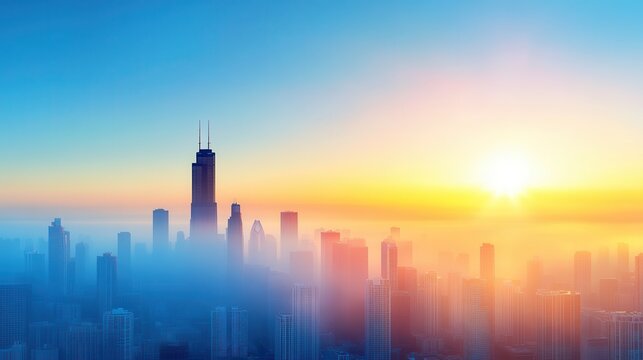Urban Awakening: City Skyline in Morning Haze on Monday with Copy Space for Text