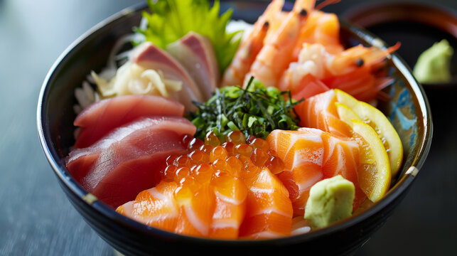 Discover the harmony of flavors in a Chirashi sushi bowl, featuring an array of fresh sashim