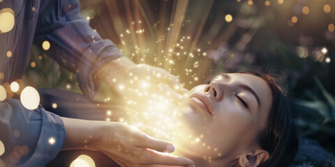 Reiki healer and client - Powerful golden light healing energy being channelled to a young lady lying with her eyes closed
