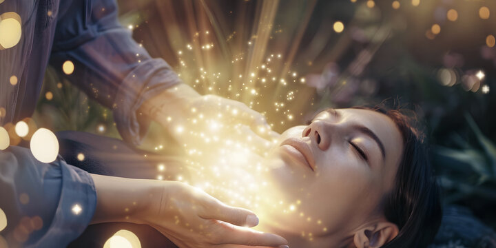 Reiki healer and client - Powerful golden light healing energy being channelled to a young lady lying with her eyes closed
