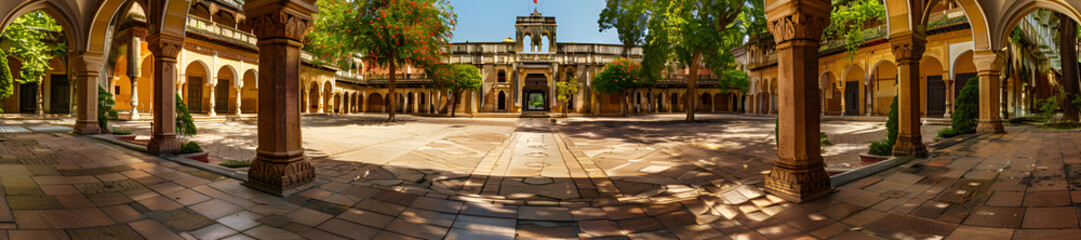 Obraz premium Panoramic View of Historic Courtyard with Arches and Trees