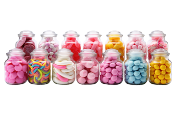 A Sweet Display of Colorful Candies in Glass Jars at a Summer Fair on Transparent PNG Background.