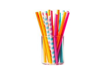 Colorful Reusable Straws in a Clear Glass Jar on a Bright Sunny Day on Transparent PNG Background.