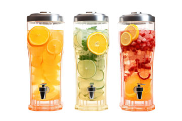 Vibrant Beverage Dispensers Filled With Refreshing Citrus and Berry Infusions at a Sunny Outdoor Gathering on Transparent PNG Background.