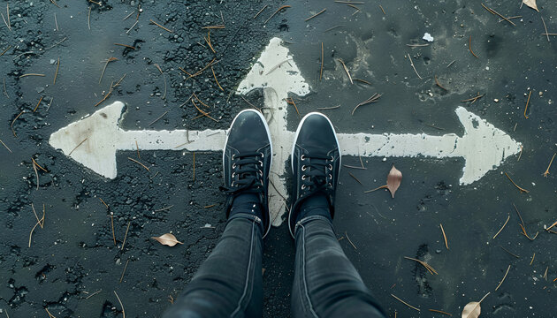 Woman standing near arrows on asphalt, top view. Choice concept