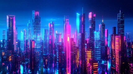 Fototapeta premium Futuristic 3D Cityscape: Vibrant Modern Metropolis with Detailed Buildings, Abstract Architecture - 3D Illustration
