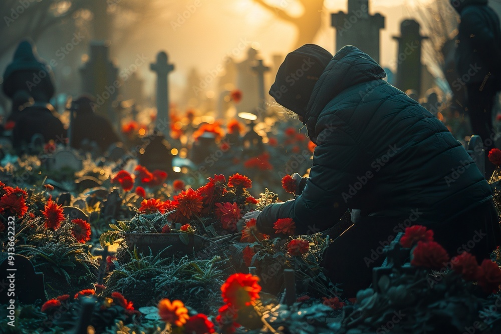 Wall mural older woman decorating with red chrysanthemums the tomb of her deceased.all saints day.