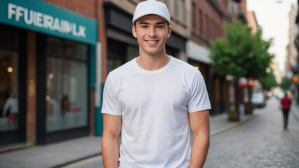 Young man wearing white t-shirt and white baseball cap standing on the street