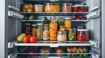 A well-stocked refrigerator with various jars and fresh produce, showcasing efficient food organization and storage.