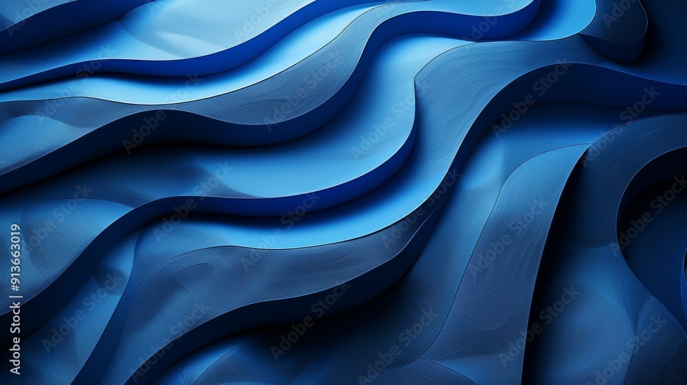 Poster flowing waves of deep blue abstract design with smooth gradations and textures