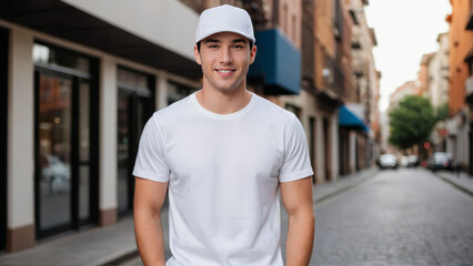 Young man wearing white t-shirt and white baseball cap standing on the street