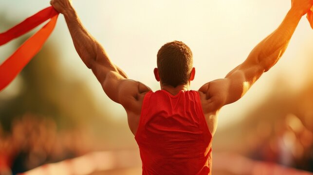 Runner crossing the finish line with a wide lead, crowd cheering, Victory, Race Domination