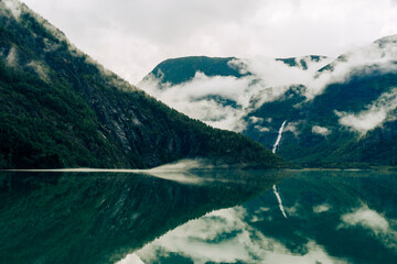 Morning fog of the Eidsvatnet Lake by Skjolden, western Norway.