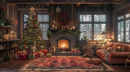 A cozy Christmas living room with a tree, presents, and a fireplace.