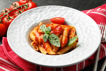 Delicious pasta with tomato sauce and basil served on black table, closeup