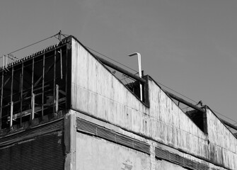 abandoned factory ruins in black and white