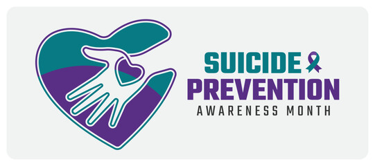 Suicide prevention awareness month - Teal purple line hand hold heart in heart shape symbol and text with ribbon awareness sign vector design