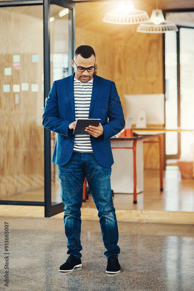 Aufkleber tablet, scroll and black man in office, research or internet browsing. thinking, communication and c