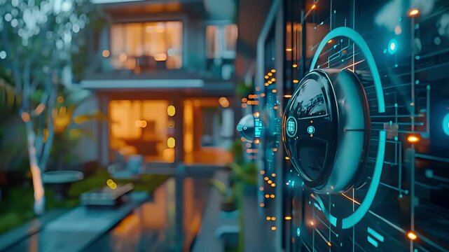 Smart home security system interface with a modern house in the background.