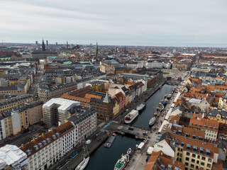 Copenhagen, Denmark: Aerial view of the famous Nyhavn harbor in Copenhagen, Denmark capital city in winter