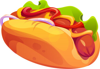 Cartoon fast food hot dog topped with mustard, ketchup, onion rings and fresh lettuce nestled in a soft bun. Isolated vector scrumptious mouth-watering treat with juicy sausage and fresh toppings