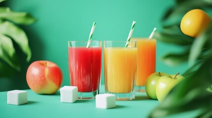 Fototapeta premium Three glasses of juice with straws and a sugar cube on a green background