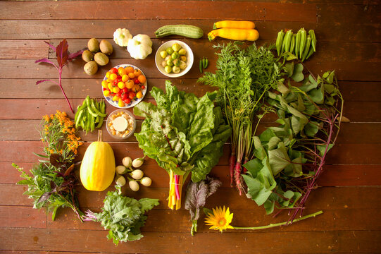 Flat lay of homegrown vegetables against a wooden background