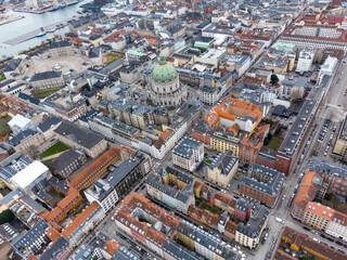 Copenhagen, Denmark: Aerial view of the Copenhagen historic city center around the Frederik's Church and the Amalienborg Palace in Denmark capital city.