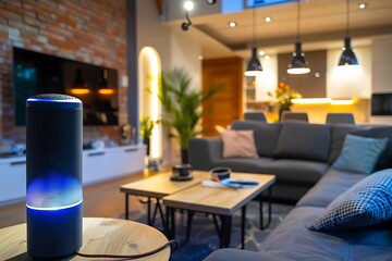 A smart home interior with interconnected devices seamlessly integrated into the decor, including smart lights, thermostats, and voice-controlled assistants, in a modern, cozy setting