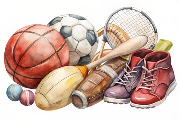 A watercolor illustration of assorted sports equipment, featuring various balls, shoes, and gear, representing different sports activities.