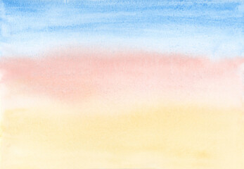 Horizontal abstract morning sky watercolor gradient background with hand drawn pastel blue, light orange and yellow brush strokes for simple dawn designs