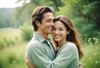 Obraz premium A smiling woman and man hugging each other, surrounded by a beautiful forest and trees. Their warm connection and natural backdrop create a perfect image of a romantic and harmonious moment in nature.