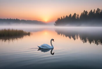 Fototapeta premium Lonely swan swimming on a calm lake, creating a serene and peaceful scene.