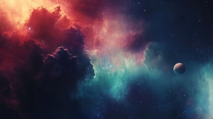 Fototapeta premium A colorful space scene with a planet and a cloud of red, blue, and green