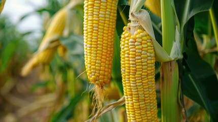 Ripe yellow corn cobs are growing in a field ready to be harvested