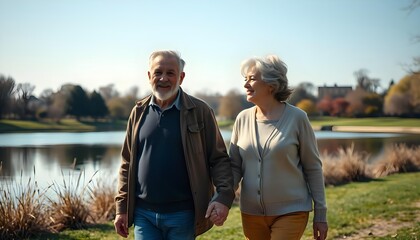 Naklejka premium Older couple smiling and enjoying each other’s company, radiating joy and affection in their shared moments.