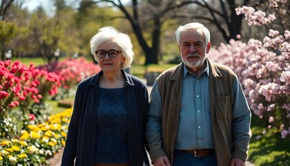 Naklejka premium Older couple enjoying a leisurely stroll in a park, surrounded by greenery and autumn colors, capturing a warm and affectionate moment.