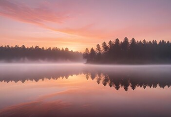 Fototapeta premium Vast lake surrounded by forest with a delicate mist, creating a serene and mystical atmosphere.
