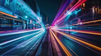 Obraz premium Futuristic city street light trails at night with a bright neon sign in the background