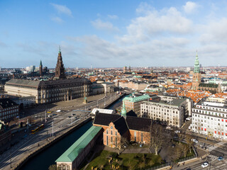 Copenhagen, Denmark: Aerial view of Copenhagen historic center the Christiansborg palace in Denmark capital city on a sunny winter day