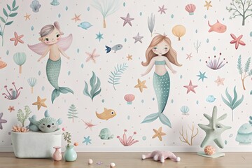 An enchanting and whimsical wall art illustration featuring mermaids and sea creatures, perfect for a child's room or nursery.